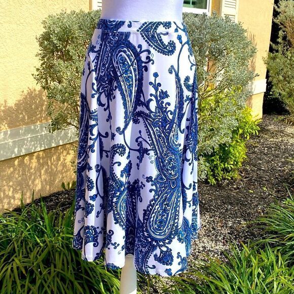 NEW MICHAEL KORS BLUE BLACK & WHITE PAISLEY SWING MIDI SKIRT L - Picture 3 of 10